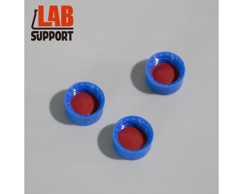 Крышка с вклееной септой Super Bonded красный PTFE/белый силикон, без прорези, для виал 9 мм + синяя навинчивающаяся крышка, 100 шт/уп, Lab-Support, Китай